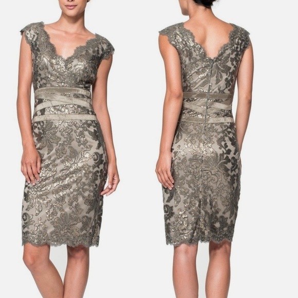 Tadashi Shoji Dresses & Skirts - Tadashi Shoji Smoke Pearl Sequin Lace Cocktail Dress 6P 
V Neck Sheath Evening